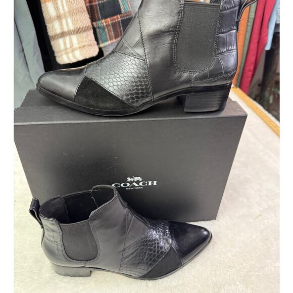 Coach Snake-Embossed q9125 Patchwork Black on Black Size 7B Chelsea Boot Leather - Picture 1 of 7